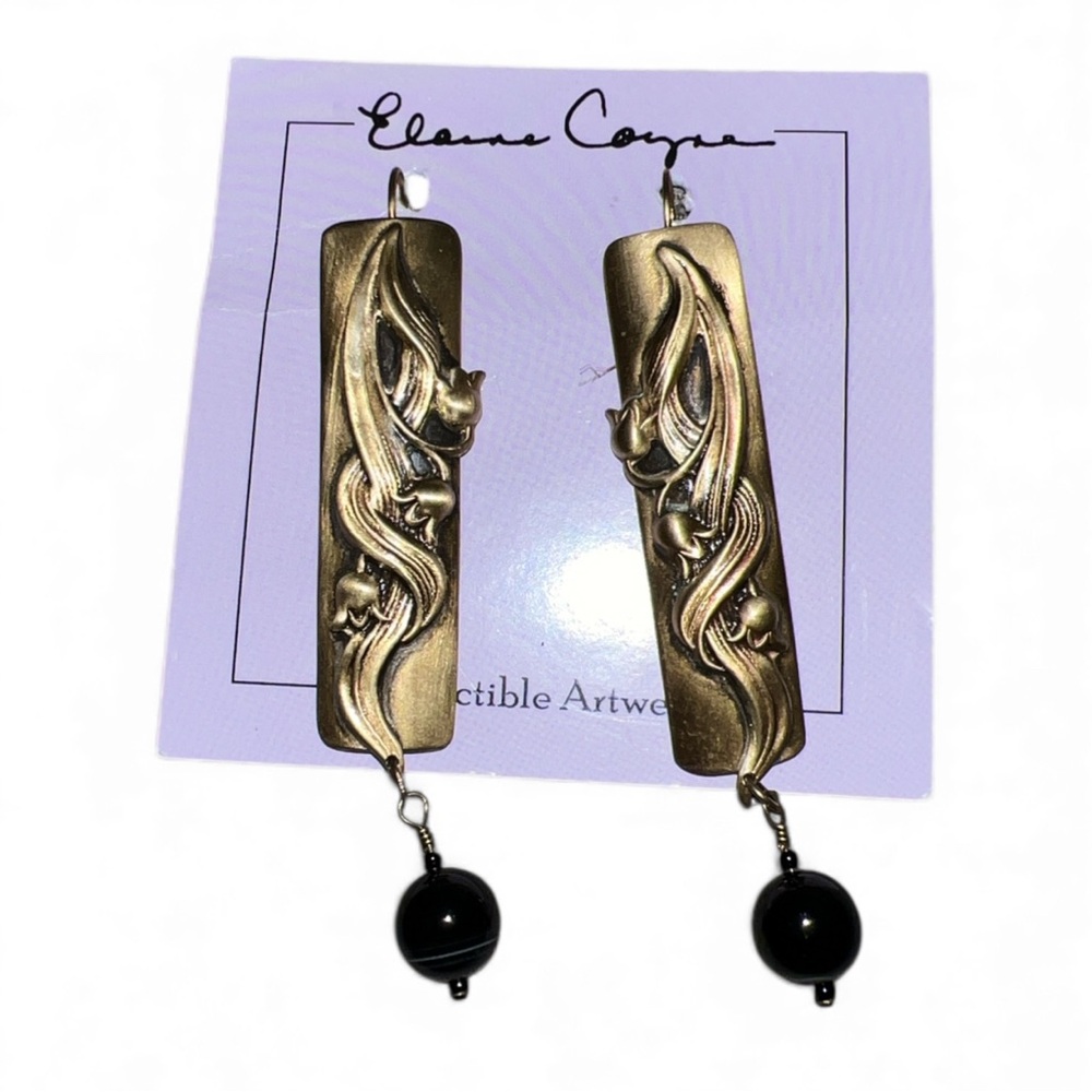 Elaine Coyne Collectible Artwear eBrass Bluebell Flowers Sardonyx earrings
